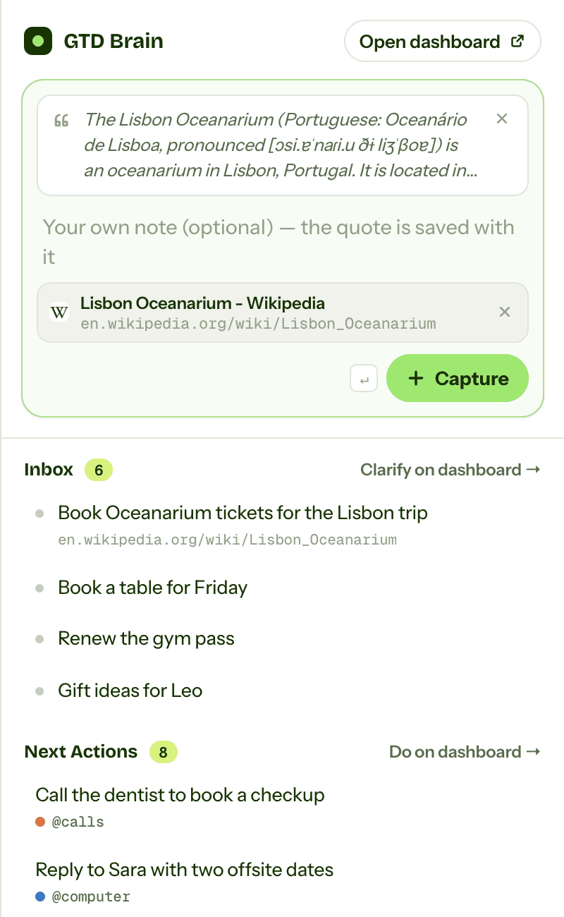 The GTD Brain side panel following the same page, with the new card Book Oceanarium tickets for the Lisbon trip at the top of the Inbox and its source link under the title, then Next Actions with their contexts