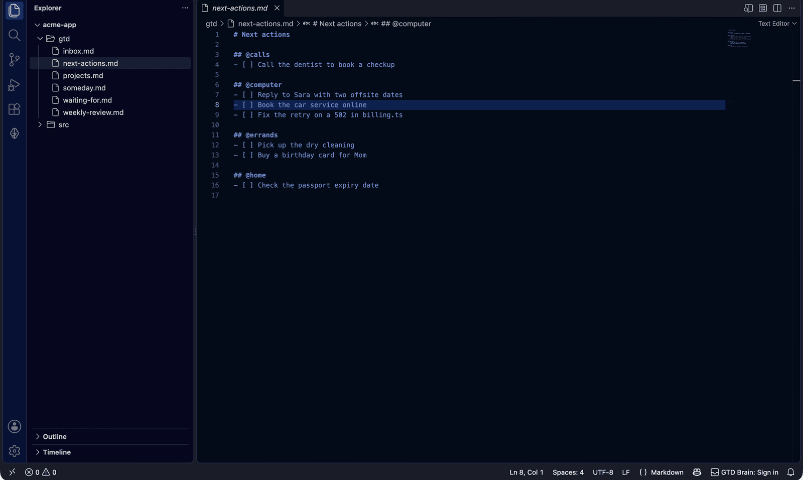 VS Code Explorer showing a gtd folder with inbox.md, next-actions.md, projects.md, someday.md, waiting-for.md and weekly-review.md, with next-actions.md open and grouped under @calls, @computer, @errands and @home headings