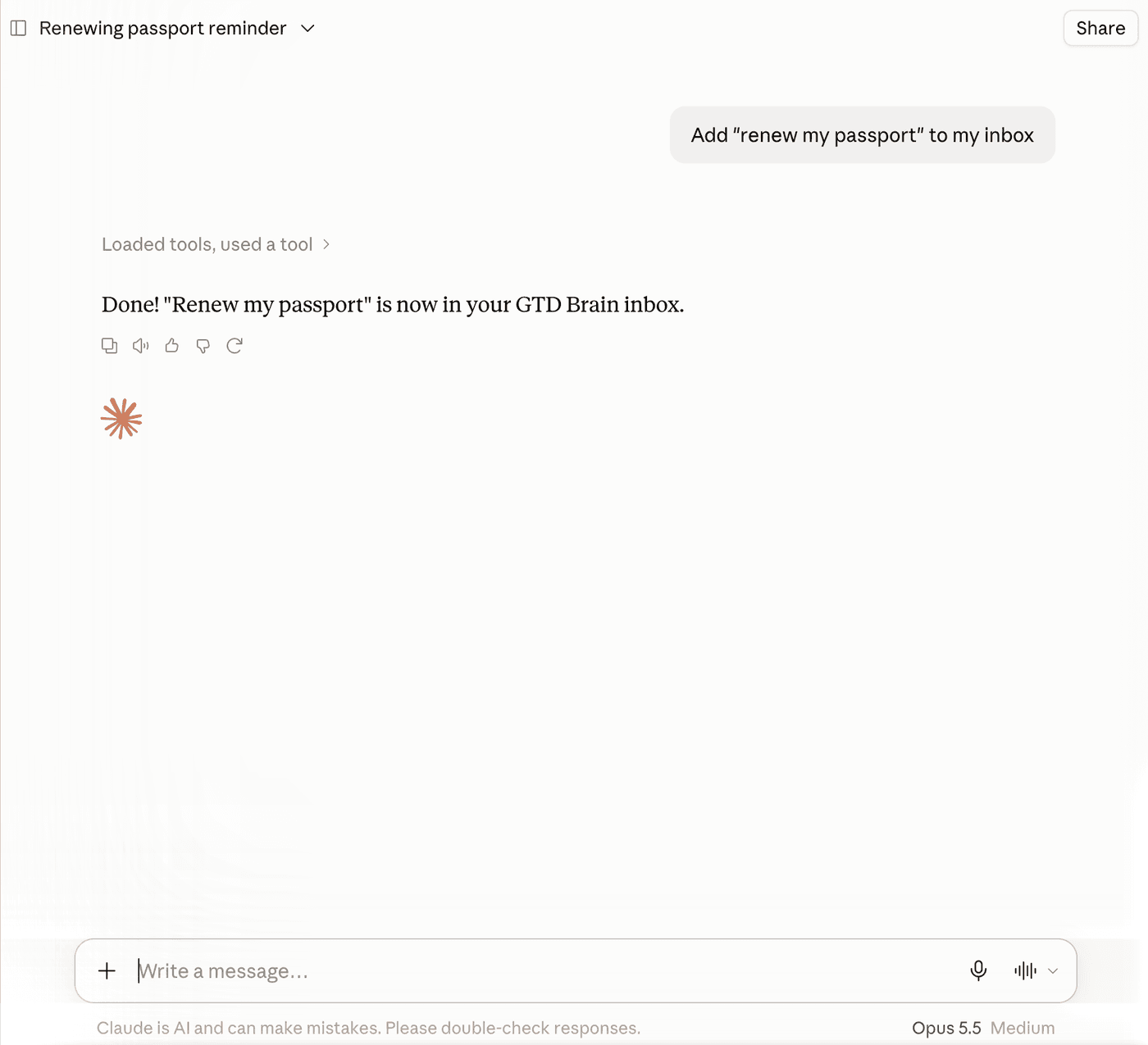 A Claude chat: Add renew my passport to my inbox, answered with Done, Renew my passport is now in your GTD Brain inbox