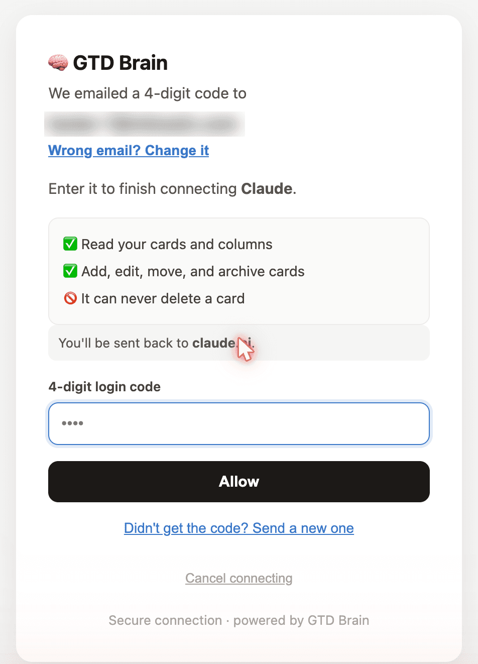 The next page asking for the 4-digit code, listing that Claude can read, add, edit, move and archive cards but never delete one