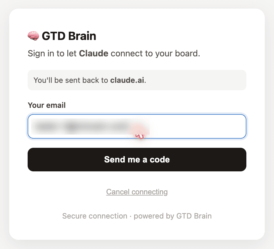GTD Brain's sign-in page, opened from Claude, asking for an email address