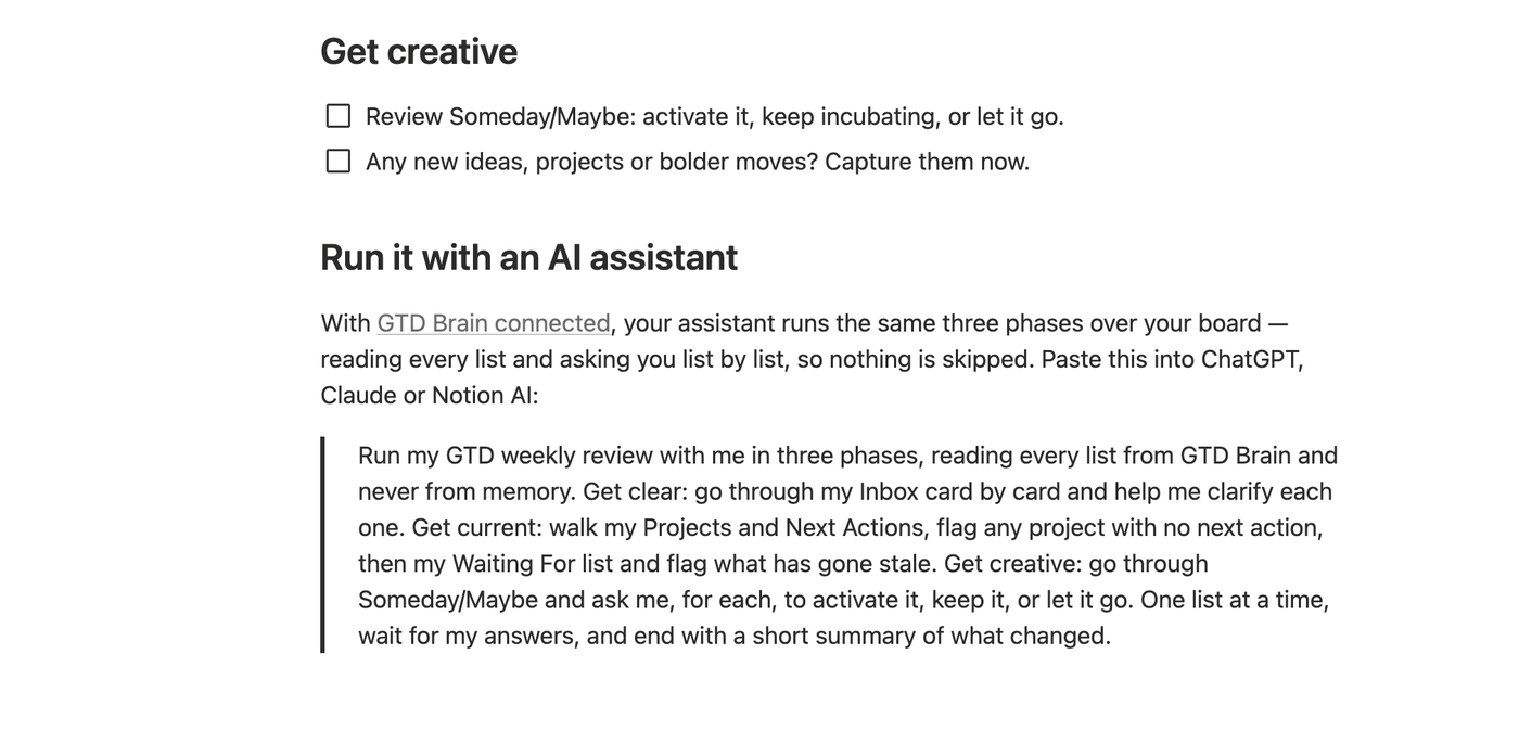 The end of the Weekly Review checklist page: a Run it with an AI assistant section with the three-phase review prompt to paste into ChatGPT, Claude or Notion AI