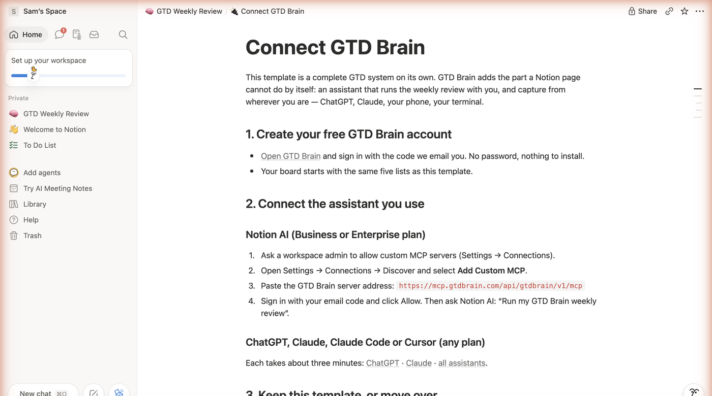 The Connect GTD Brain sub-page in the template: create a free account, then either add GTD Brain as a custom MCP server in Notion AI on Business and Enterprise plans, or connect ChatGPT, Claude, Claude Code or Cursor on any plan