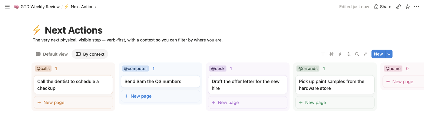 The Next Actions database opened as a full page in a board view named By context, with columns for @calls, @computer, @desk, @errands and @home, one action card in each of the first four and @home still empty