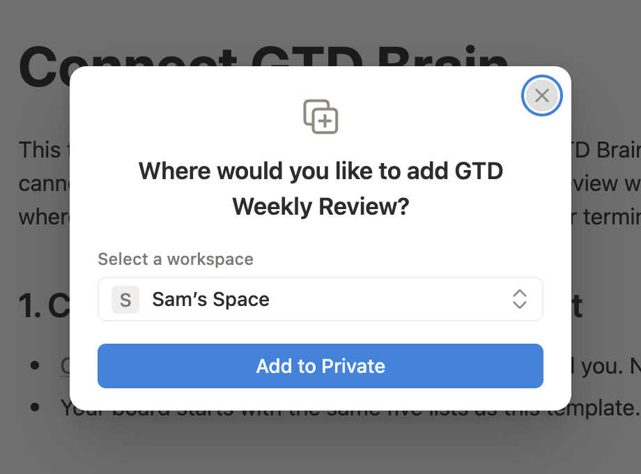 Notion's duplicate dialog asking where to add GTD Weekly Review, with a workspace selected and an Add to Private button