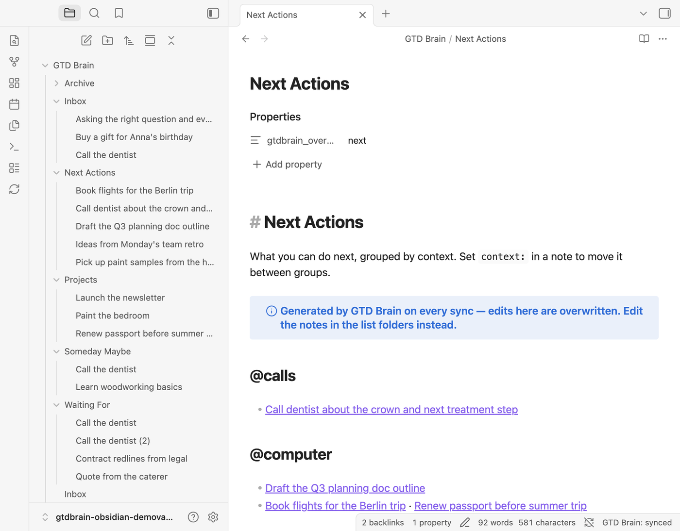 The Next Actions overview note with actions grouped under @calls, @computer and @errands headings, each linking to its note and its project