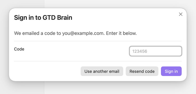 The same dialog asking for the six-digit code that was emailed