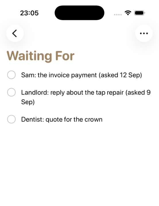 The Waiting For list in Apple Reminders with three delegated items and the date each was requested
